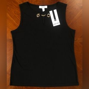Nine West Black Sleeveless V-Neck Pullover Tank Top Gold Color Chain Detail